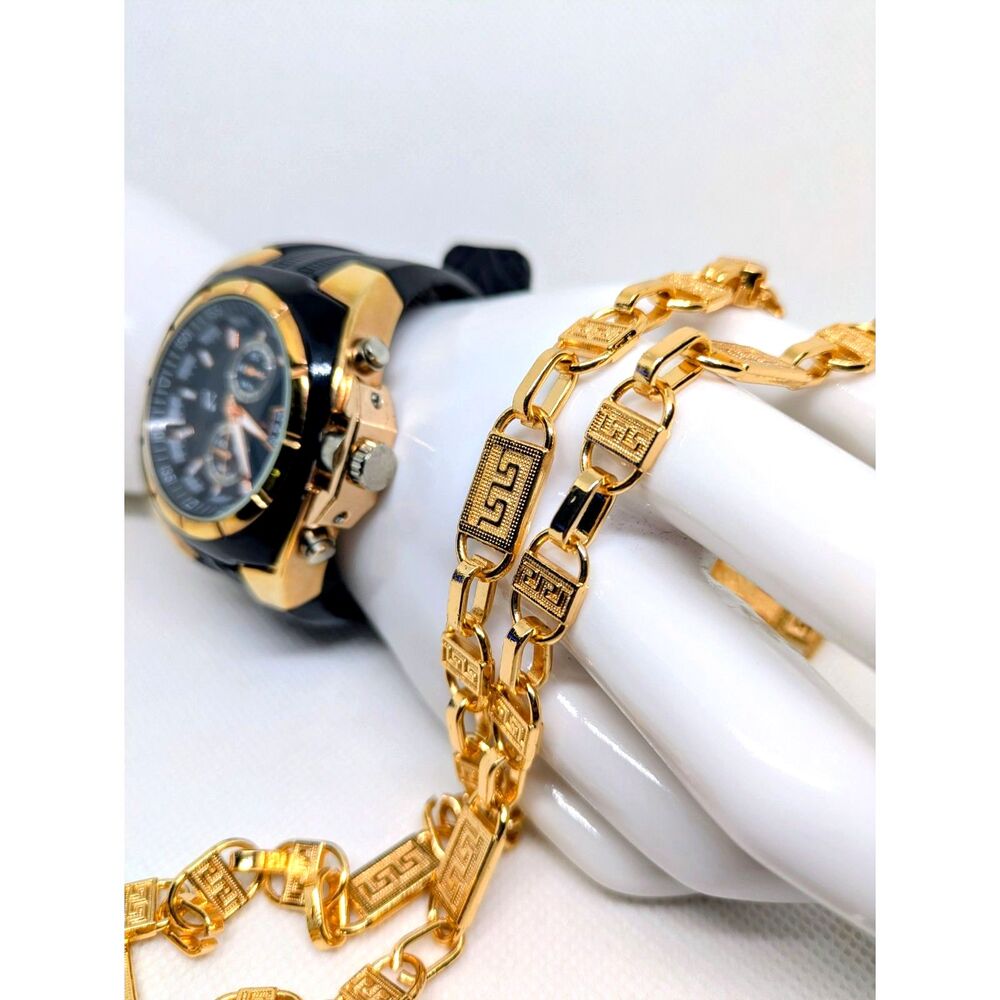 Men's Heavy Gold Filled Greek Key Necklace (48grams) (GF Stamped) + V6 Watch Set
